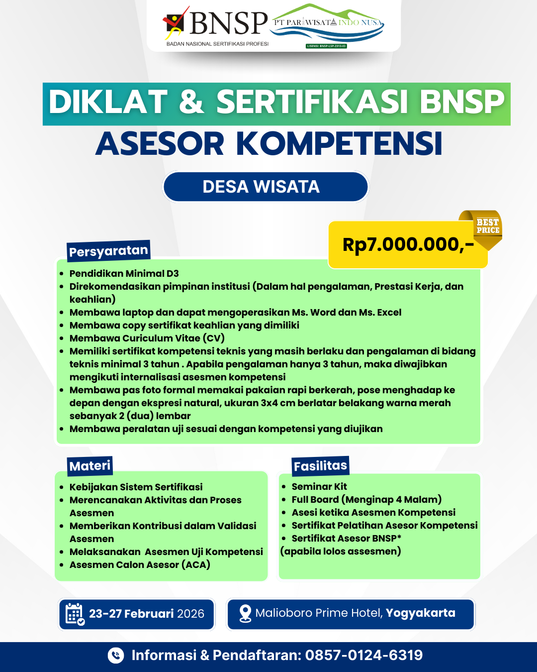 DIKLAT DAN SERTIFIKASI ASESOR KOMPETENSI BNSP DESA WISATA
